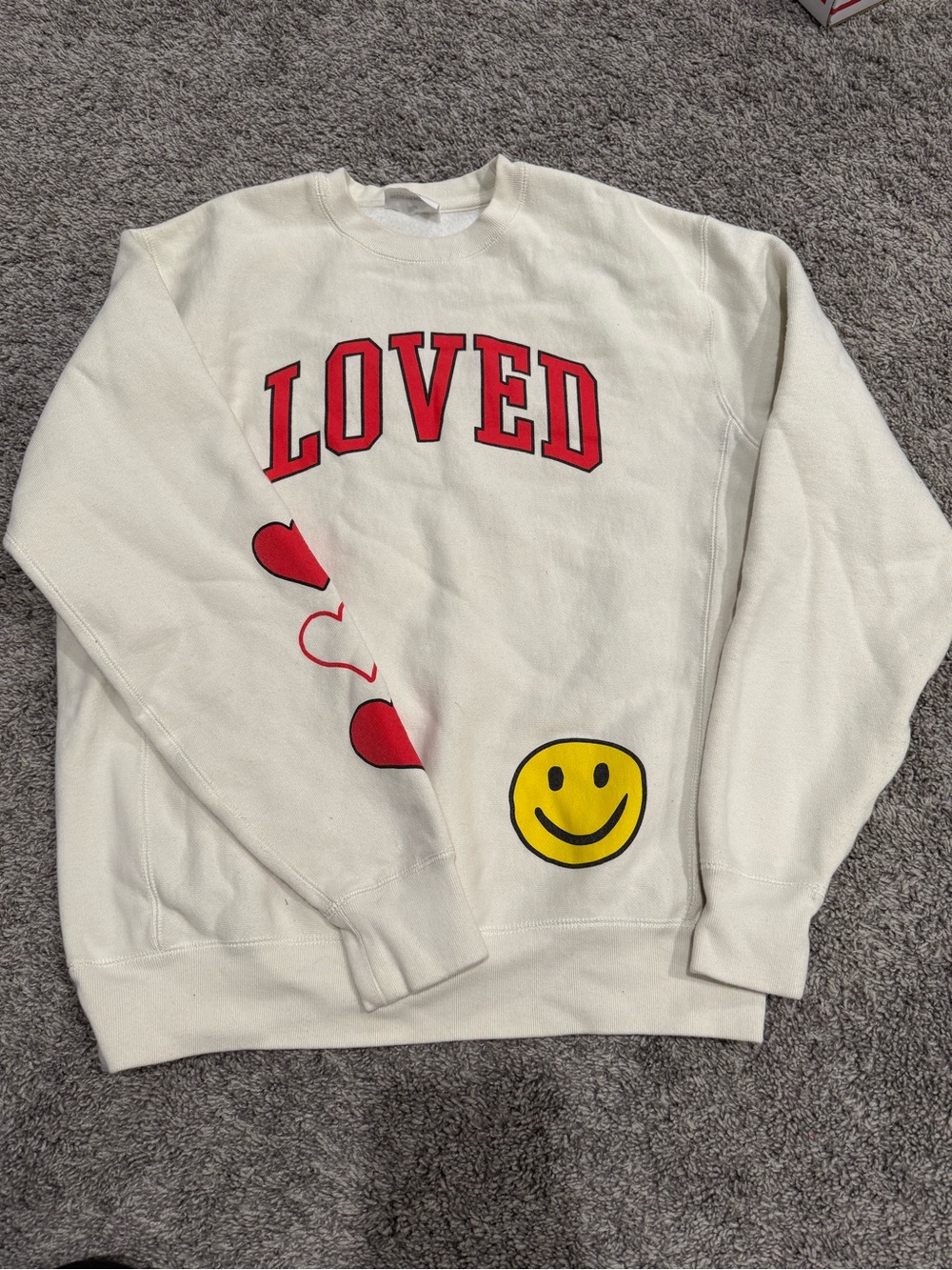 Loved Graphic Crewneck Sweatshirt - White with Red Hearts & Yellow Smiley